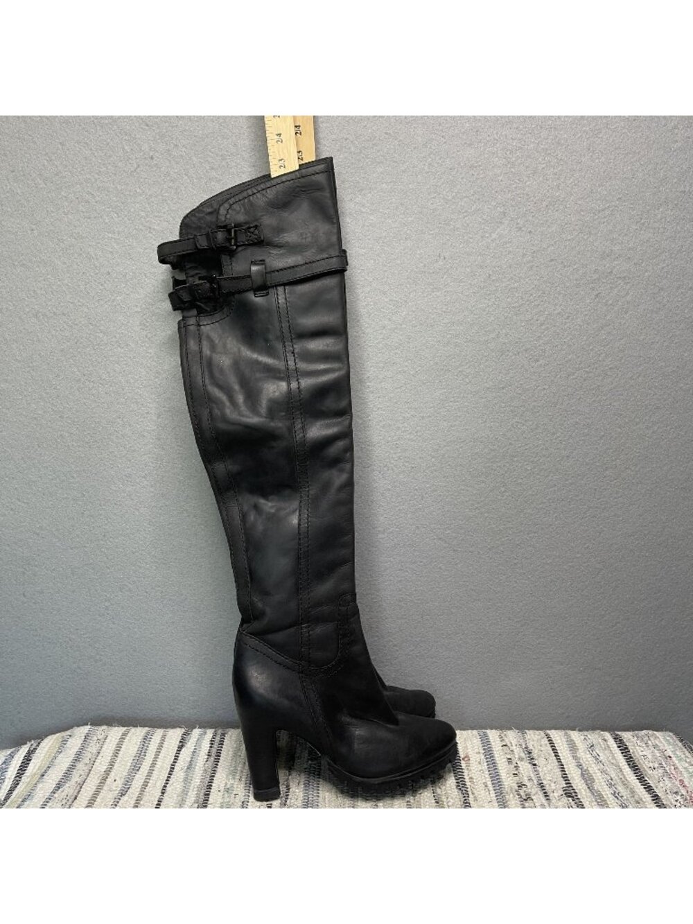 Sam Edelman Sutton Black Leather Over-The-Knee Boots 6.5 Buckles Block Heel